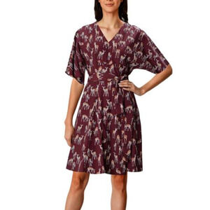 eShatki Maroon Deer Print Crepe Short Sleeve Wrap Dress Size XL/1X